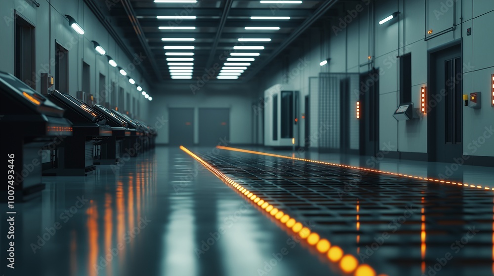 Fototapeta premium Futuristic Industrial Corridor with Neon Lights