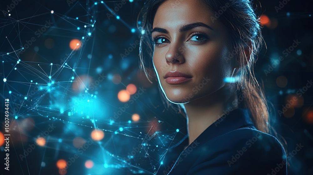 Portrait of a businesswoman with a digital futuristic background, illuminated by virtual data lines and abstract tech designs Portrait of a businesswoman with a digital futuristic background, illuminated by virtual data lines and abstract tech designs