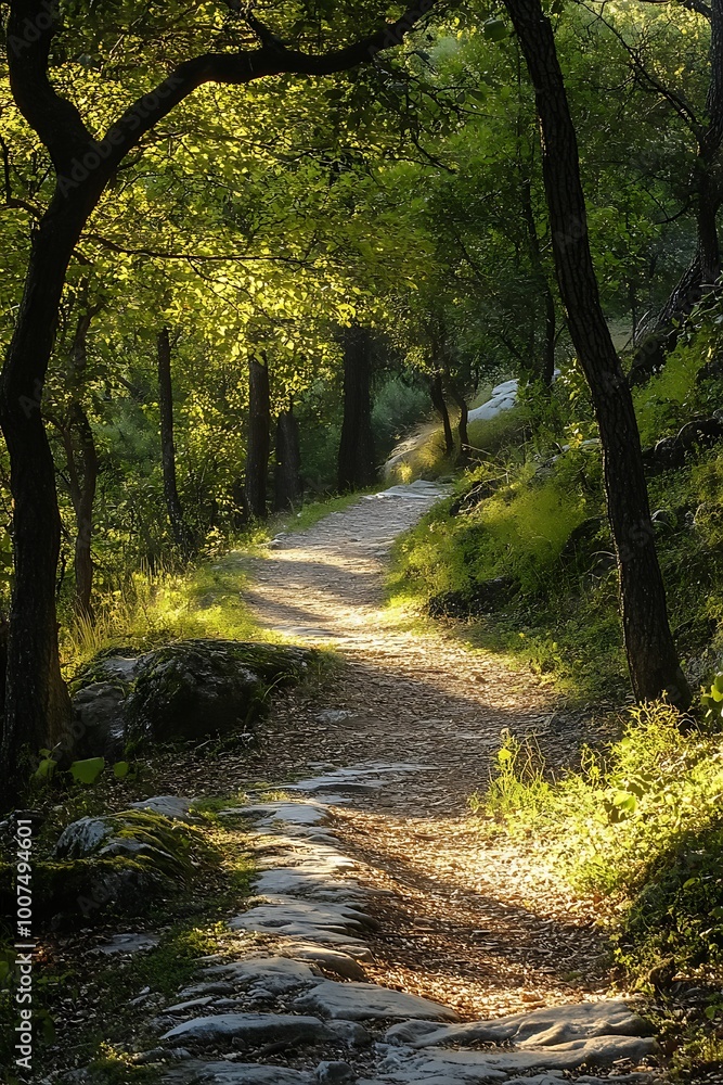 Obraz premium Sunlight filtering through trees on a forest path leading through lush green foliage