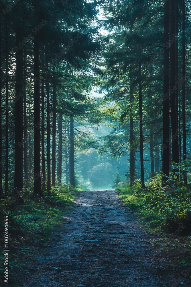 Naklejka premium Sunbeams through a forest path in the woods