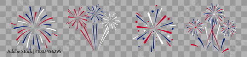Exploding Fireworks Fourth of July. Set of fireworks with a red and blue stars and sparks . United states of america independence day fireworks. Red, blue fireworks for 4th of July .