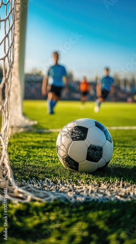 Close-up of soccer ball near goalpost with players in background on green field in daylight, concept of team sport photo