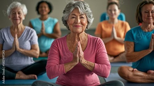 A diverse group of seniors participating in a yoga class at a community center, showing their commitment to fitness and well-being, while creating a supportive social environment