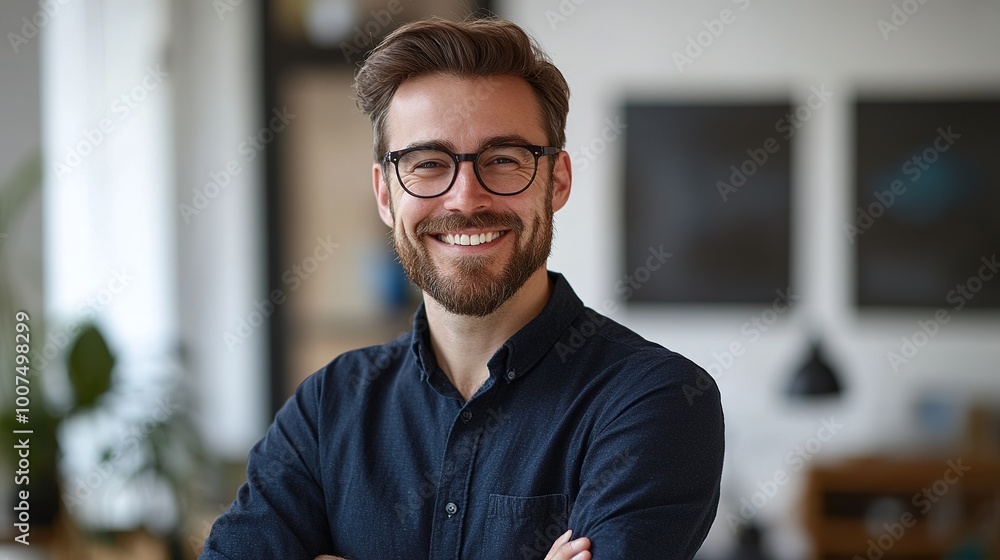 Fototapeta premium Studio headshot of a professional employee, standing confidently with a clean background