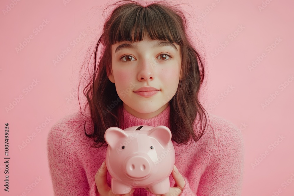 Young woman in pink attire holding a piggy bank, representing savings and financial goals Young woman in pink attire holding a piggy bank, representing savings and financial goals
