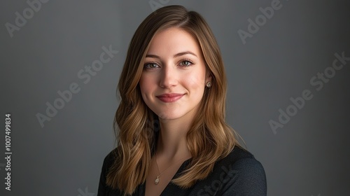 Professional employee studio portrait with soft lighting, standing confidently in front of a simple background