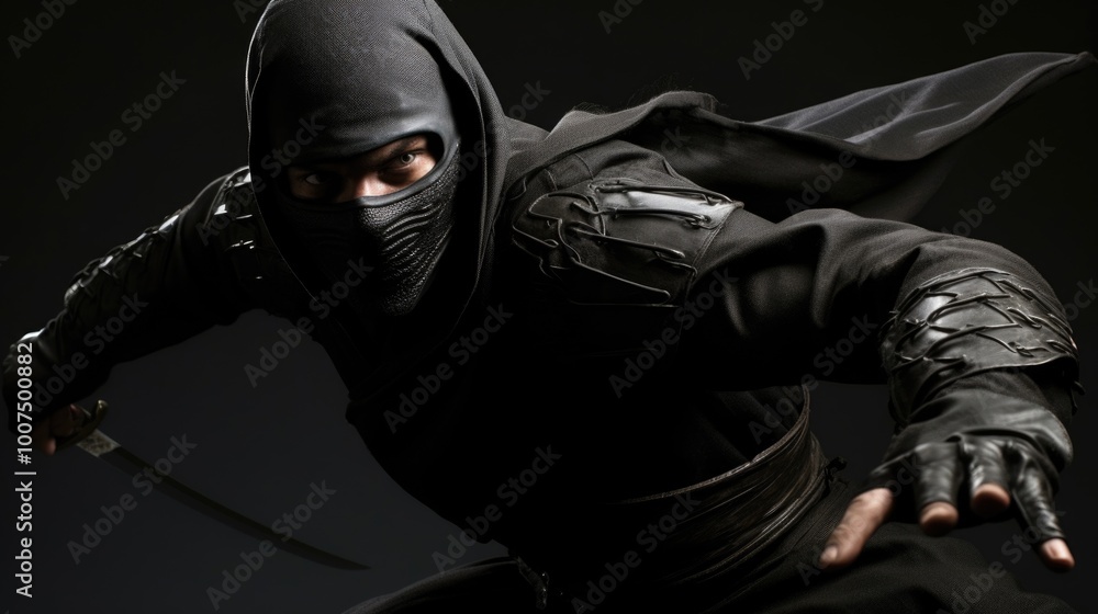 Stealthy persona - portrait ninja showcasing skilled and secretive combatant, emphasizing precision and discipline of a hidden warrior, and illustrating silent intensity and enigmatic aura of ninja. Stealthy persona - portrait ninja showcasing skilled and secretive combatant, emphasizing precision and discipline of a hidden warrior, and illustrating silent intensity and enigmatic aura of ninja.
