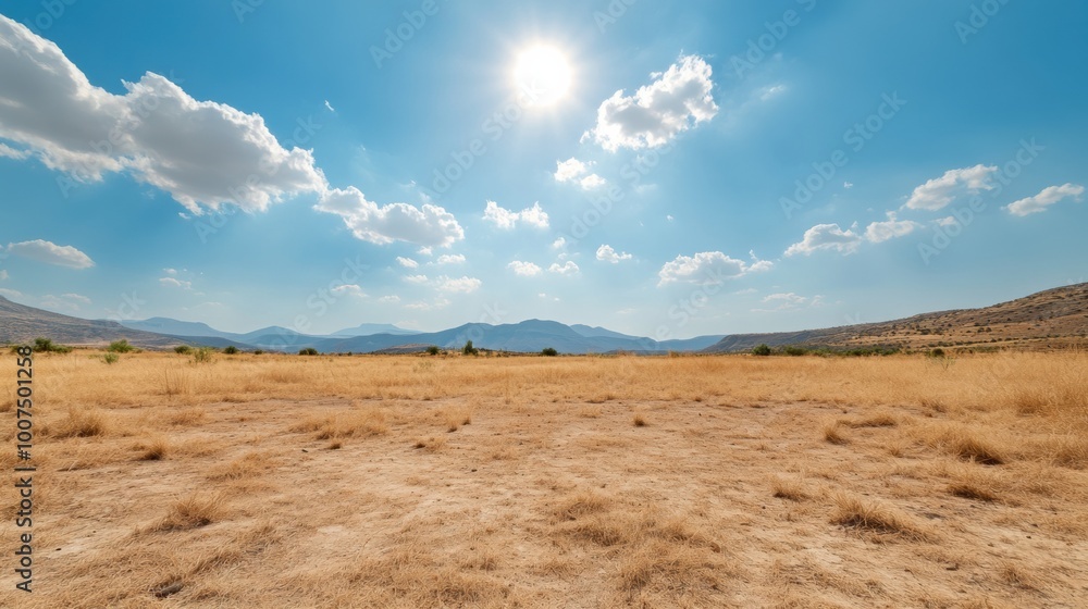 Fototapeta premium Expansive Arid Desert Landscape Under Bright Sunlit Sky with Dramatic Clouds