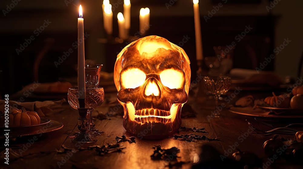 A glowing skull candle centerpiece on a Halloween dining table. A glowing skull candle centerpiece on a Halloween dining table.