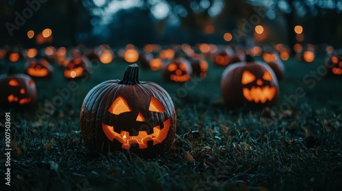 A pumpkin patch lit by a soft moonlight, filled with carved and uncarved pumpkins.