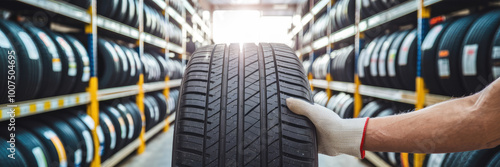 A person is holding a tire in a store. There are many tires in the store photo