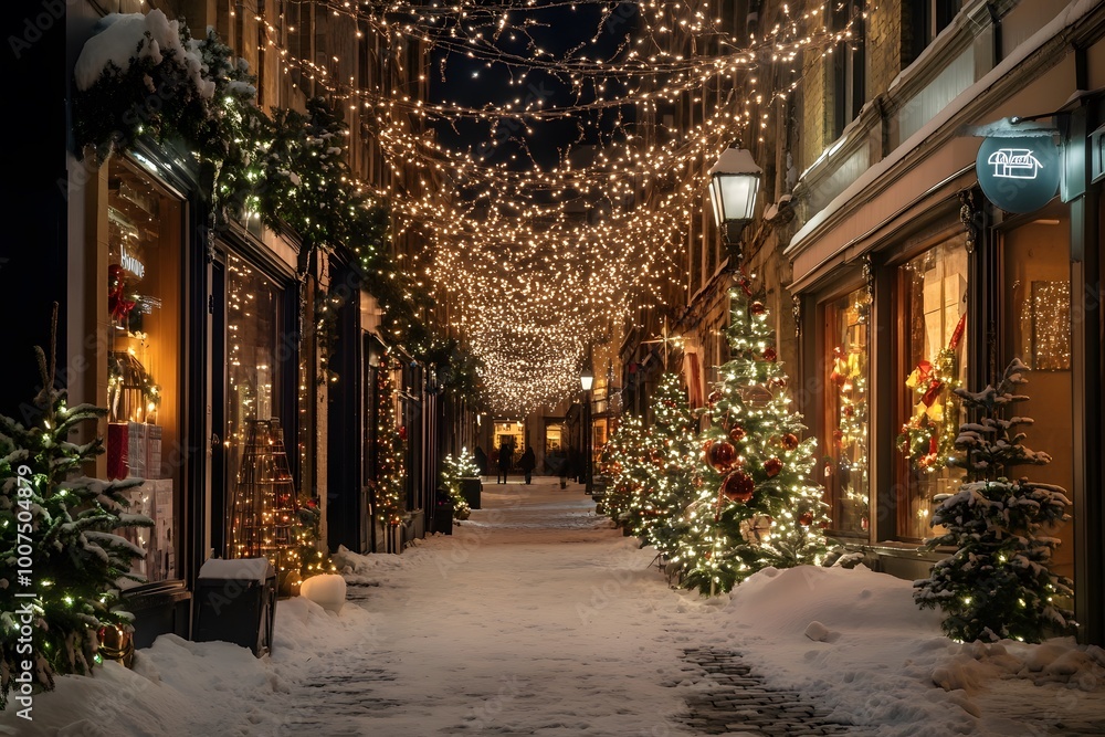 Fototapeta premium Beautifully decorated alley with holiday lights and Christmas trees in winter evening. Generative AI
