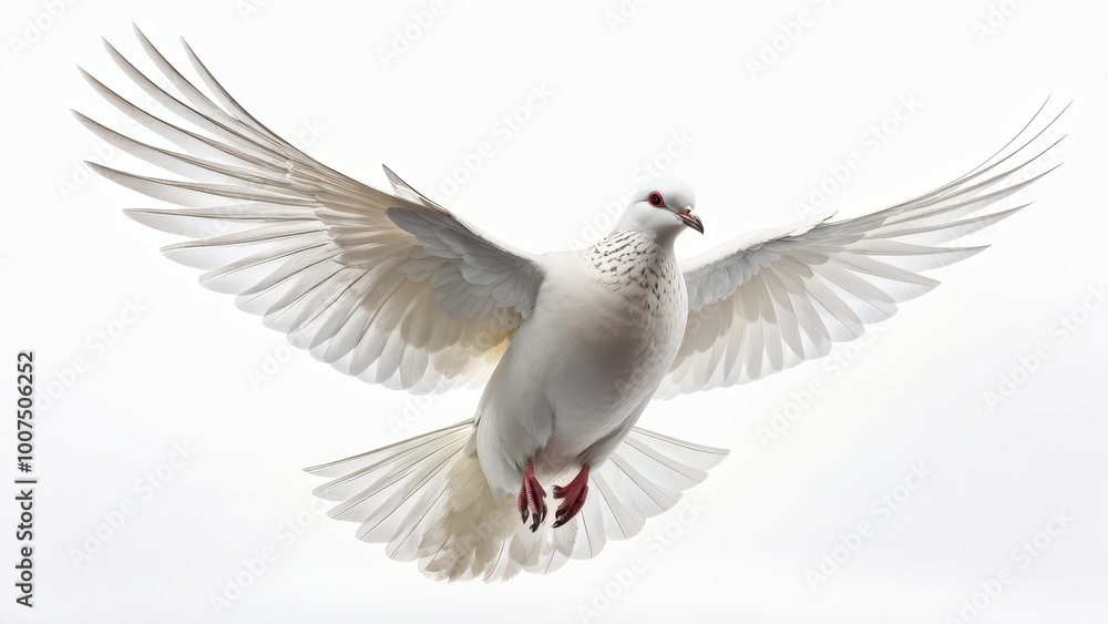 Obraz premium A white dove in flight, showcasing its wings against a light background.