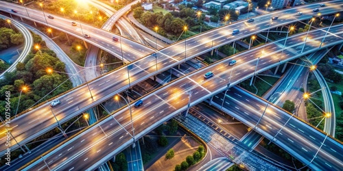 Aerial View of a Complex Highway Interchange at Night, Traffic , Night