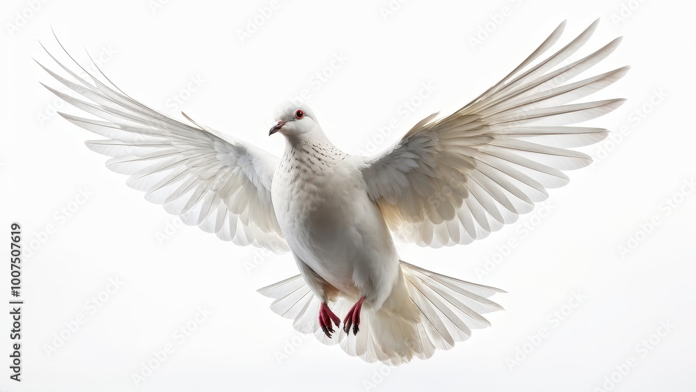 Obraz premium A white dove in mid-flight, showcasing its wings against a bright background.