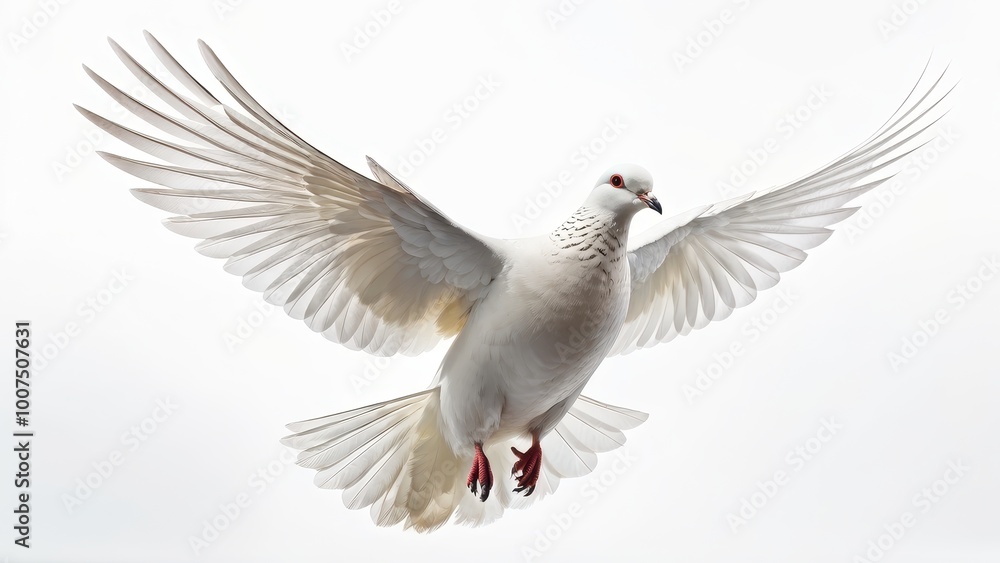 Obraz premium A white dove in flight, symbolizing peace and freedom against a light background.