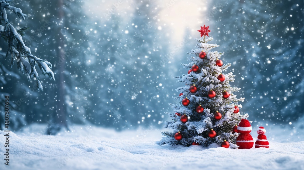 Snow-covered Christmas Tree with Red Ornaments and Knitted Snowmen in a Snowy Forest Snow-covered Christmas Tree with Red Ornaments and Knitted Snowmen in a Snowy Forest