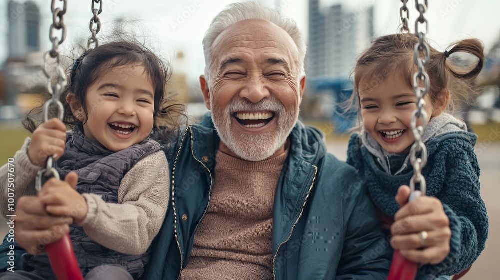 A grandfather playing with his grandchildren in the park, pushing them on swings and laughing together, depicting the joy and fulfillment seniors experience in their family lives A grandfather playing with his grandchildren in the park, pushing them on swings and laughing together, depicting the joy and fulfillment seniors experience in their family lives