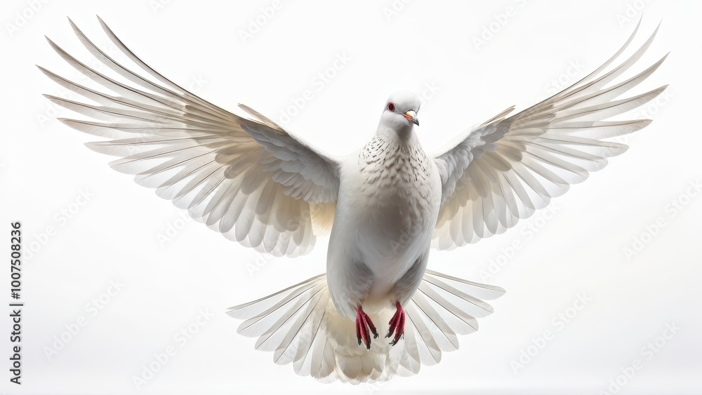 Fototapeta premium A white dove in mid-flight with outstretched wings against a light background.
