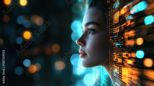 A young professional woman in a portrait with a high-tech futuristic background of digital grids and holographic data