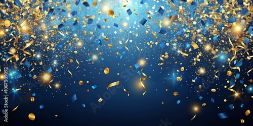 Blue and Gold Confetti Falling with Glowing Lights, celebration, party