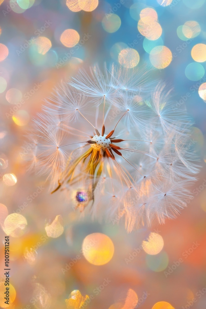 Dandelion seeds dancing in the breeze with a vibrant bokeh backdrop of colorful lights Dandelion seeds dancing in the breeze with a vibrant bokeh backdrop of colorful lights