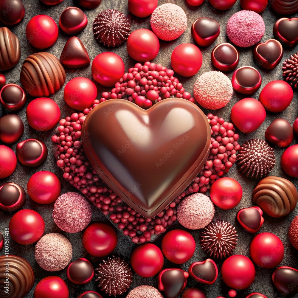Obraz premium Chocolate Heart Surrounded by Red Candies, Valentine's Day , Valentine's gift