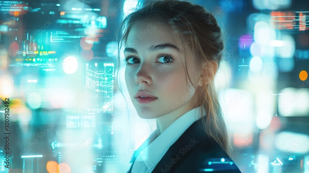 A young businesswoman against a futuristic digital background with abstract lines and illuminated tech-inspired elements A young businesswoman against a futuristic digital background with abstract lines and illuminated tech-inspired elements