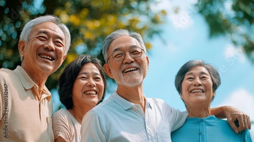 A group of happy Asian seniors walking together in a park, enjoying a leisurely stroll under a bright, sunny sky