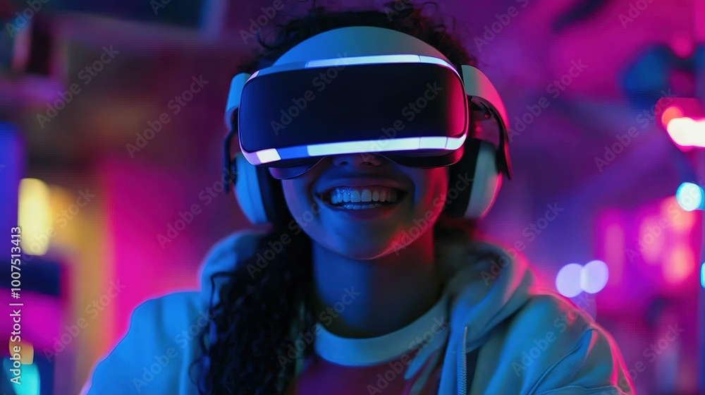 A happy gamer wearing VR glasses, navigating through an immersive virtual world with joy and excitement A happy gamer wearing VR glasses, navigating through an immersive virtual world with joy and excitement