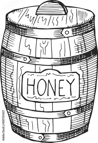 Honey barrel. Wooden food cask. Hand drawn keg