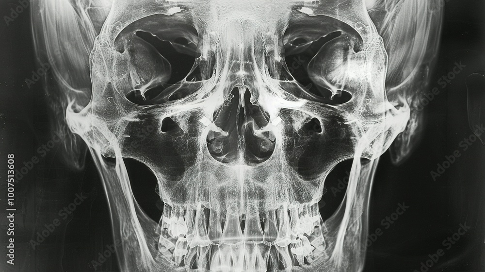 X-Ray Image of a Human Skull, Focused on the Teeth and Jawbone X-Ray Image of a Human Skull, Focused on the Teeth and Jawbone
