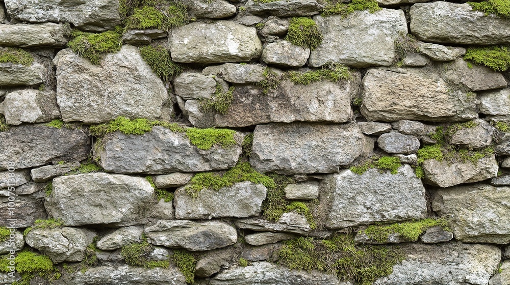 Weathered Stone Wall with Green Moss Accents