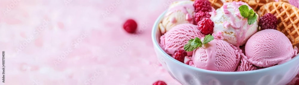 Ice cream sundae with additional toppings like waffles and cookies, pastel colors, beautifully arranged scoops, decorative surroundings Ice cream sundae with additional toppings like waffles and cookies, pastel colors, beautifully arranged scoops, decorative surroundings