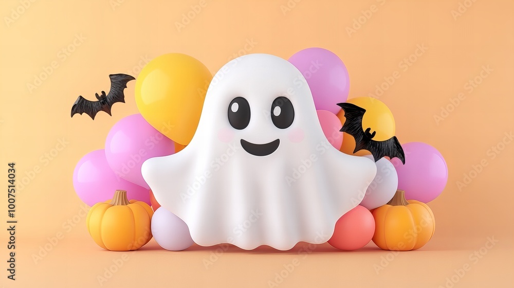 Obraz premium A friendly ghost surrounded by colorful balloons and pumpkins. A perfect Halloween decoration!