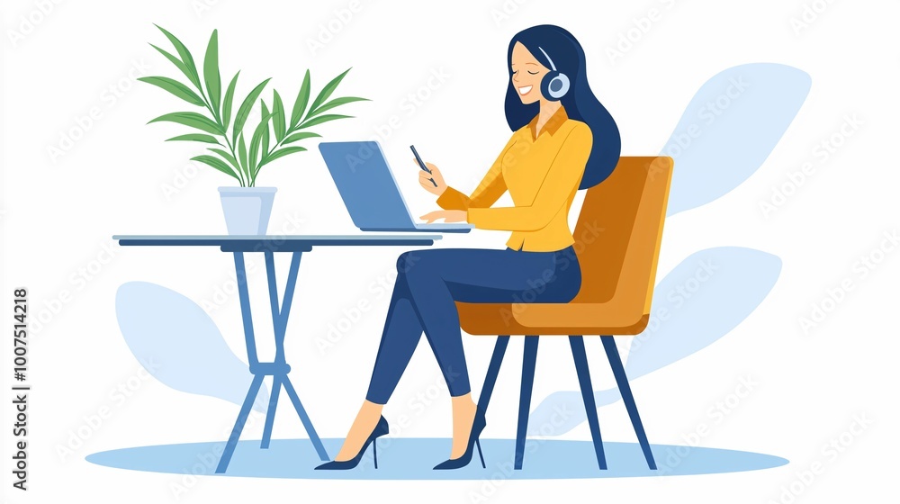 Fototapeta premium A woman with headphones sits at a desk working on a laptop, surrounded by a potted plant, set against a light backdrop.