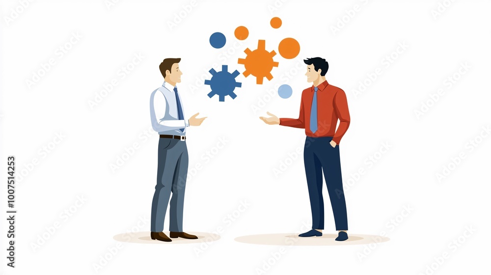 Two men are engaged in a discussion, surrounded by colorful abstract elements, symbolizing communication and collaboration. Two men are engaged in a discussion, surrounded by colorful abstract elements, symbolizing communication and collaboration.