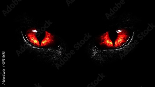 Intense glowing red eyes emerging from darkness.