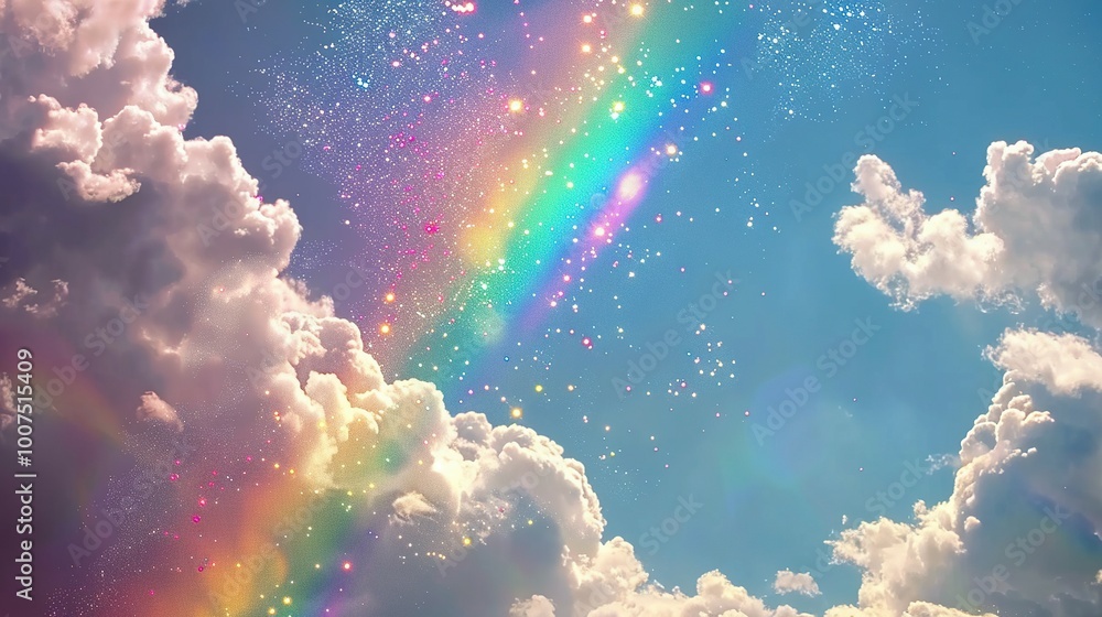 Rainbow and Glitter Over Fluffy Clouds in a Blue Sky Rainbow and Glitter Over Fluffy Clouds in a Blue Sky
