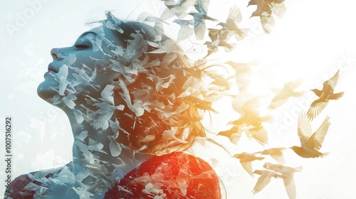 Natural double exposure portrait of a graceful woman standing tall, blended with a flock of birds in flight, representing liberation, inner peace, and elegance
