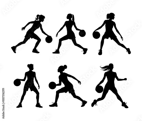 Set of silhouettes of sporty women workout playing basketball, hobby and leisure