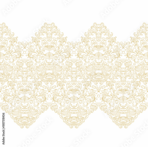 Golden calligraphic floral ornament, border vector pattern, ornamental laced design, on white background