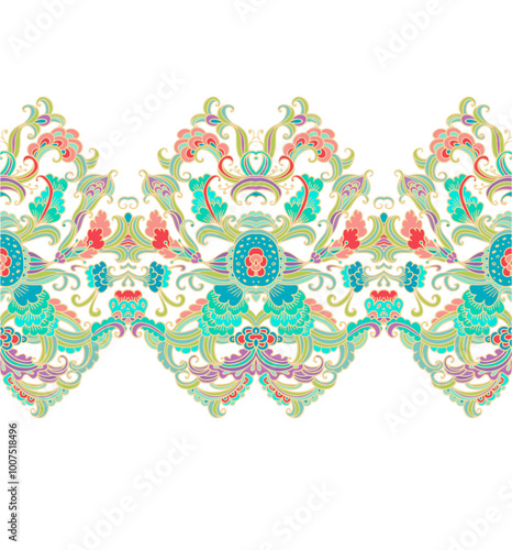 Fantasy colorful calligraphic floral ornament, border vector pattern, ornamental laced design, on white background