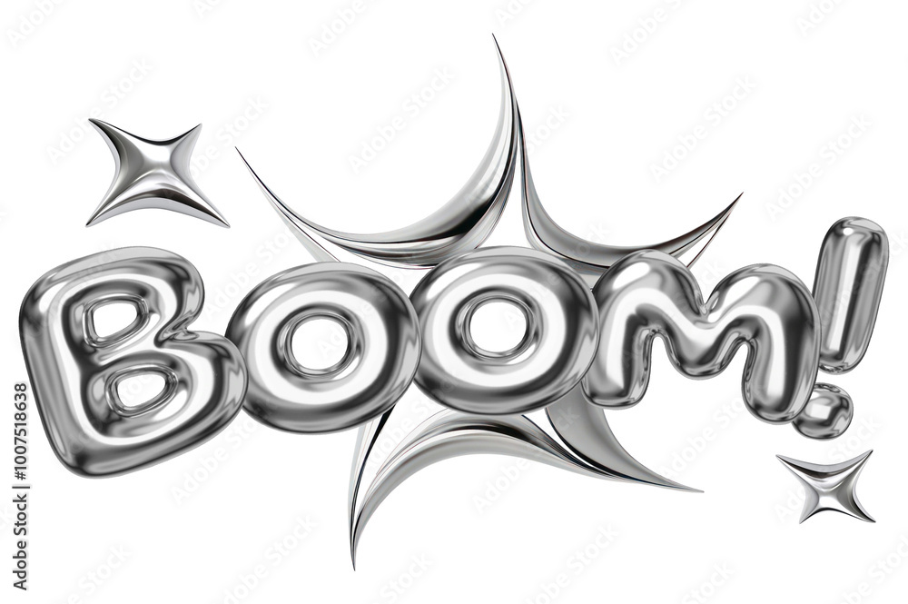 Boom word sticker png element, editable fluid chrome font design Boom word sticker png element, editable fluid chrome font design