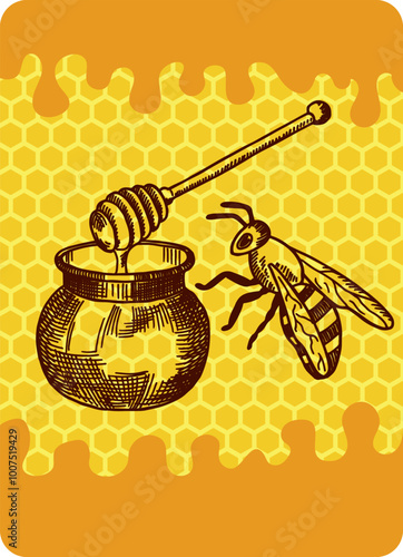 Organic honey label. Yellow honeycomb background with sweet product and bee