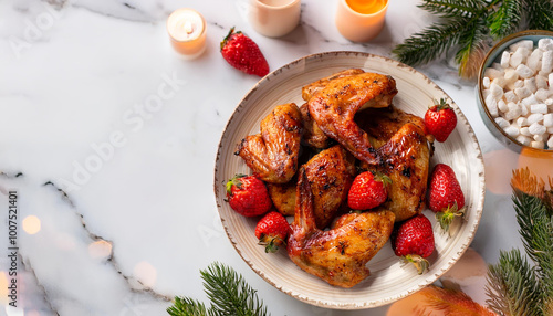 Happy Christmas!
Fir tree leaves, candles, strawberries, grilled chicken, white candy
