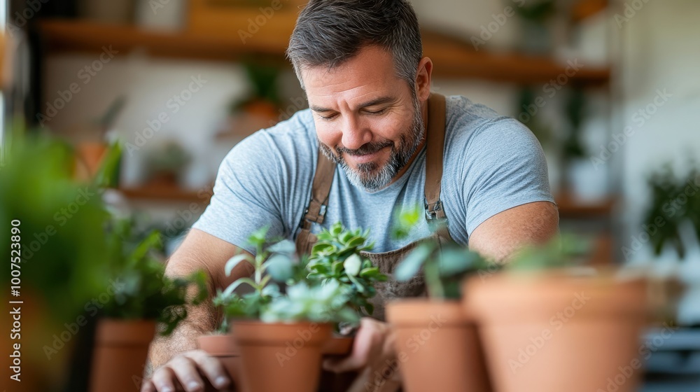 A man in a casual outfit carefully arranges potted plants on wooden shelves, creating an aesthetically pleasing indoor gardening environment with a focus on organization. A man in a casual outfit carefully arranges potted plants on wooden shelves, creating an aesthetically pleasing indoor gardening environment with a focus on organization.
