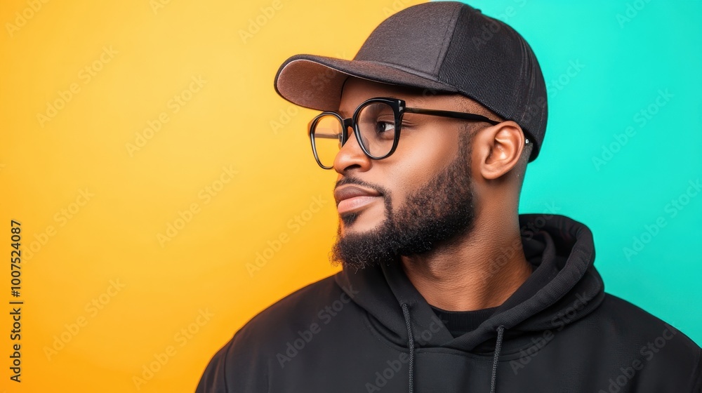 A stylish bearded man wearing glasses and a cap is captured against a vibrant, two-tone background. The composition highlights modern streetwear fashion and contrasts. A stylish bearded man wearing glasses and a cap is captured against a vibrant, two-tone background. The composition highlights modern streetwear fashion and contrasts.