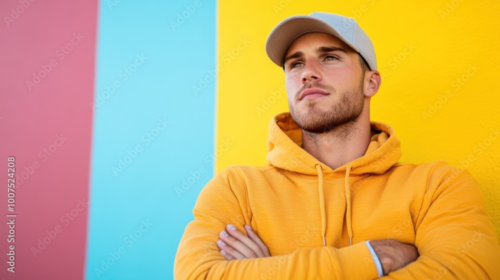 A man wearing a yellow hoodie and cap stands confidently with crossed arms against a striking yellow, pink, and blue wall, conveying modern style and attitude. A man wearing a yellow hoodie and cap stands confidently with crossed arms against a striking yellow, pink, and blue wall, conveying modern style and attitude.