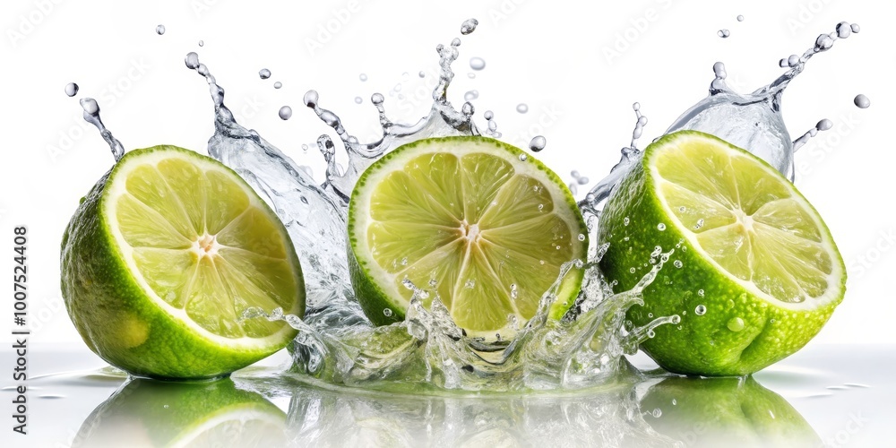 Lime Splashing in Water, White Background, Refreshing, Citrus, Fruit, Lime, Water Lime Splashing in Water, White Background, Refreshing, Citrus, Fruit, Lime, Water